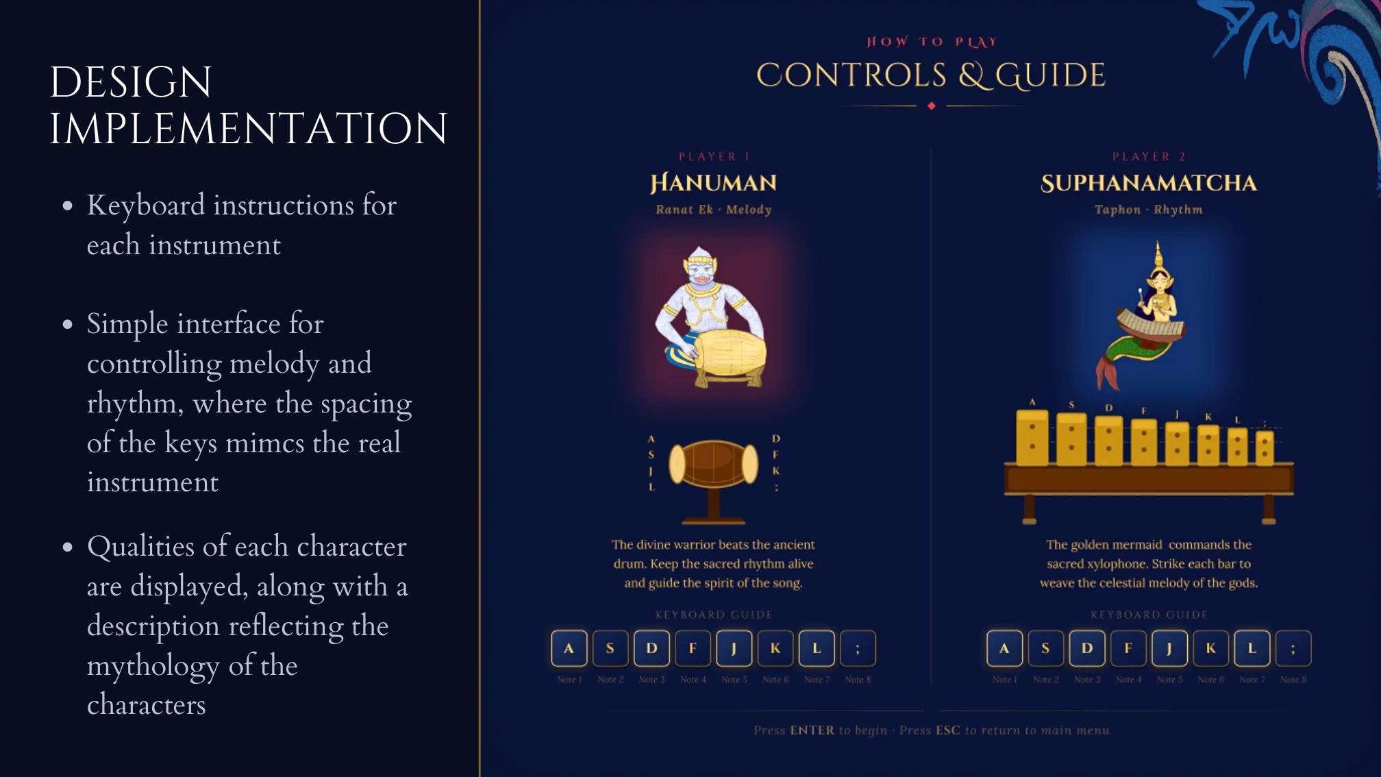 Control guide mapping keyboard inputs to taphon rhythm and ranat ek melody