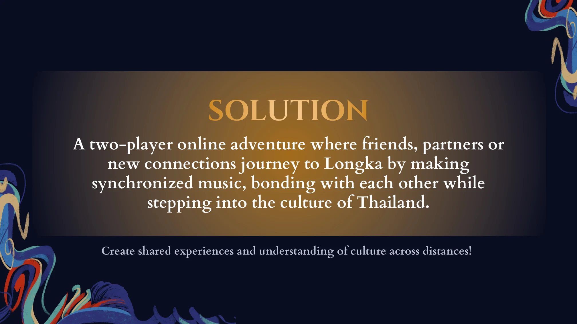 Presentation slide describing a two-player musical adventure through Thai culture