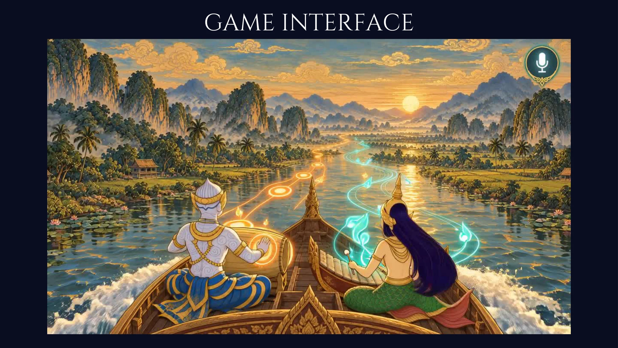 Game interface concept showing Hanuman and Suphanamatcha making music together across the causeway
